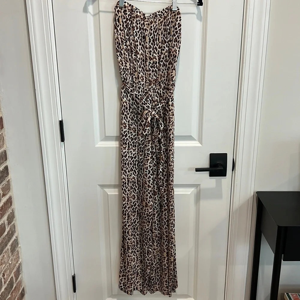 Leopard Print Wide Leg Jumpsuit Strapless Safari Summer Light Women’s Size Small - Picture 2 of 9